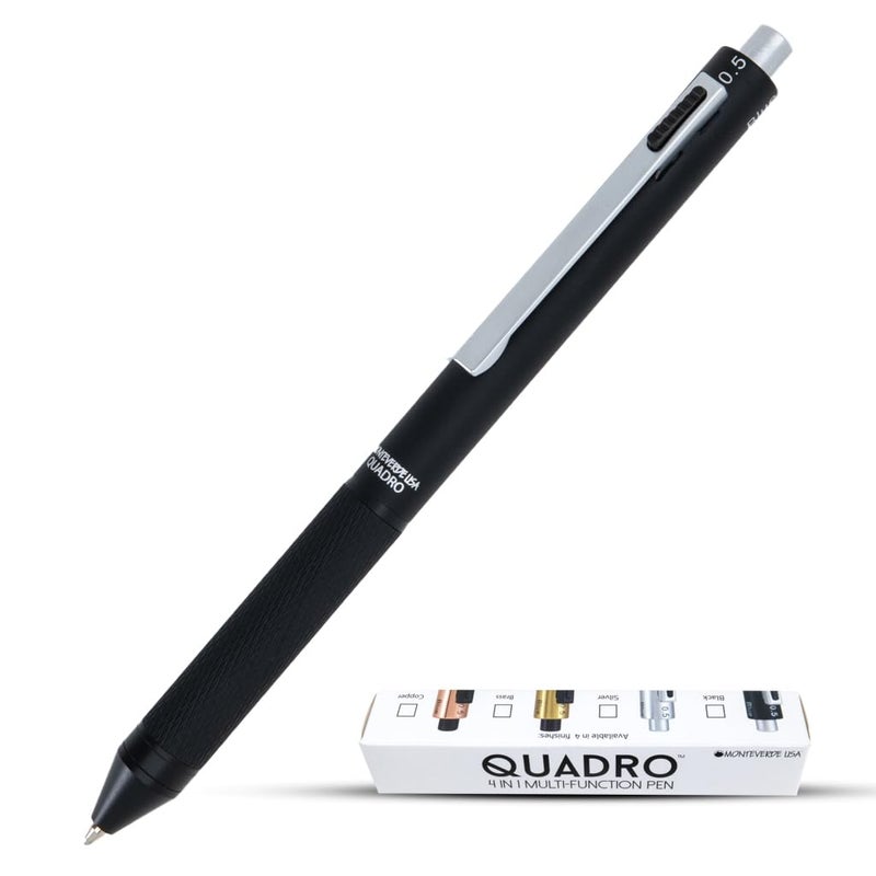 Monteverde USA Quadro 4-in-1 Multifunction Pen - Black Finish - Three Ballpoint Colors & Mechanical Pencil - Durable Brass Barrel with Knurled Grip - Portable & Refillable - Image 1